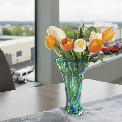Teal Green Art Glass Flower Vase with Wide Petal-Shaped Mouth, 26 cm Height and Thick Round Base