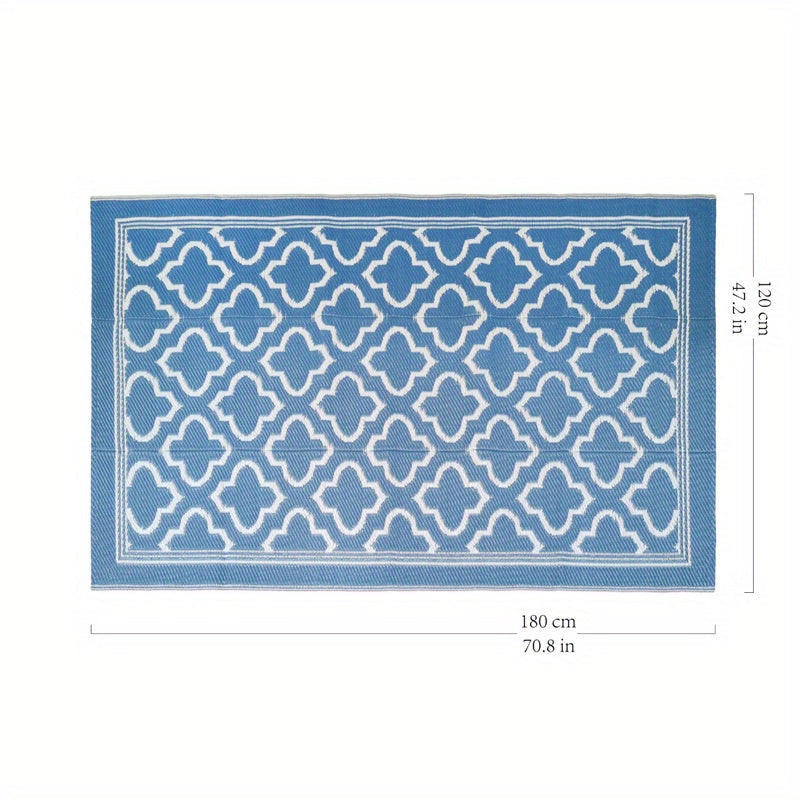 Blue and White Reversible Outdoor Mat with Geometric Pattern and Two Rectangular Size Options