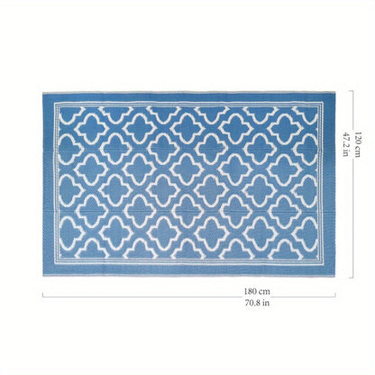 Blue and White Reversible Outdoor Mat with Geometric Pattern and Two Rectangular Size Options