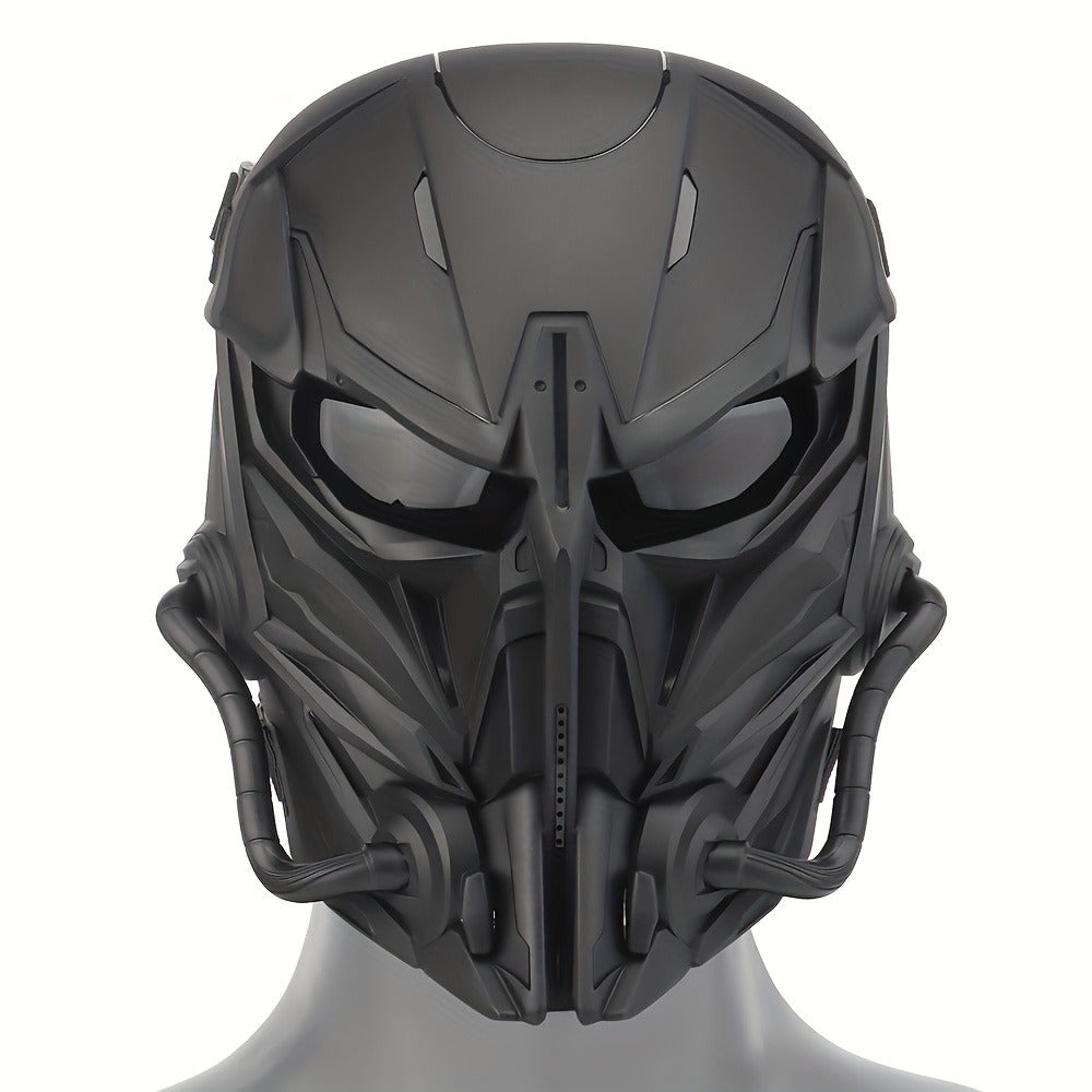 Silver-Plated Mechanical Costume Mask with Full-Face Sci-Fi Design and Sculpted Black Interior