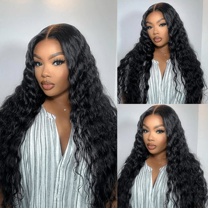 Lace Front Wig Deep-Wave Human Hair, 14-Inch Natural Black with 250% Density and Pre-Cut Buckle Cap
