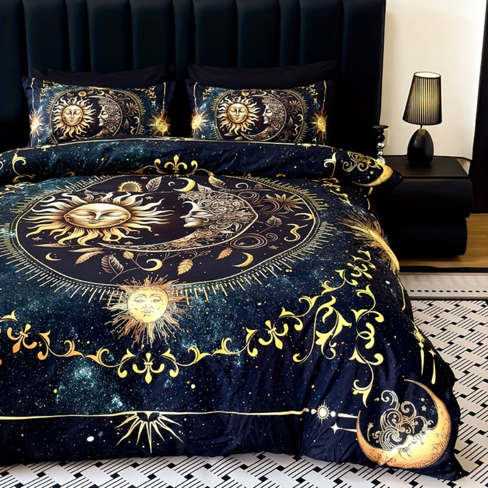 3-Piece Duvet Cover Set with Gold-Tone Sun, Moon, Star and Orbit Print in Twin to King Sizes