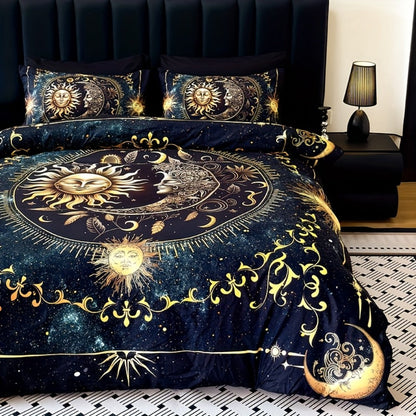 3-Piece Duvet Cover Set with Gold-Tone Sun, Moon, Star and Orbit Print in Twin to King Sizes