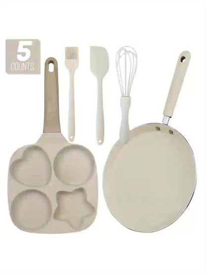 Cookware Set ABKOK 5-Piece Beige Frying Pan, Divided Breakfast Pan, Whisk, Brush and Spatula