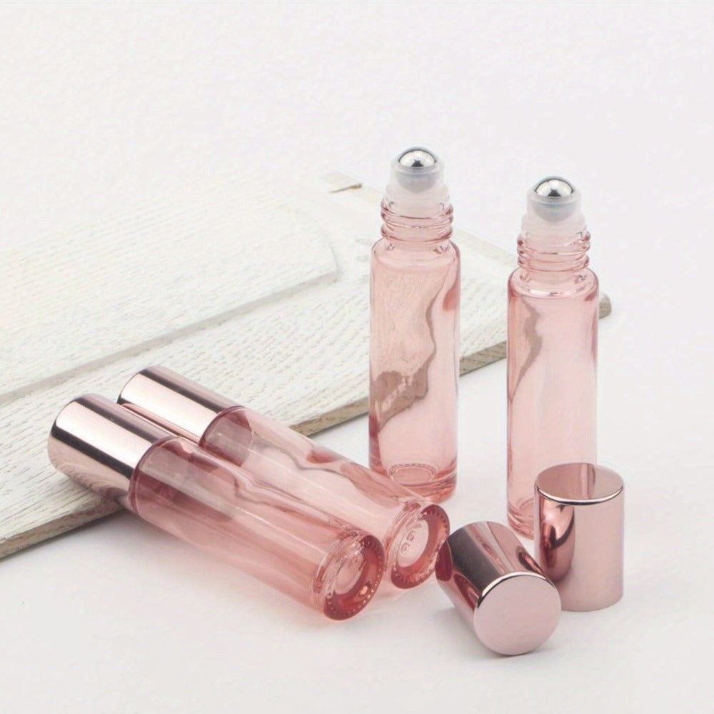 28-Pack 10 ml Clear Pink Glass Roller Bottles with Stainless Steel Balls, Opener and Funnel
