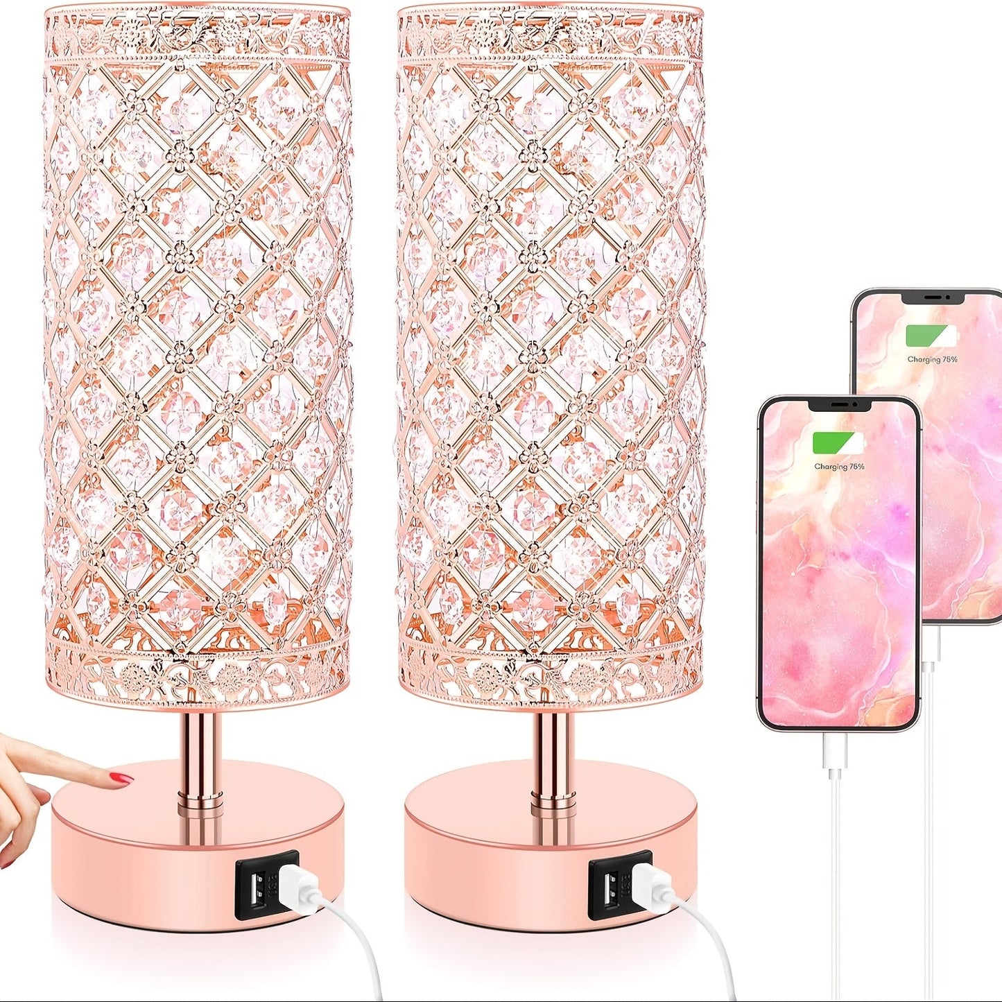 Crystal Bedside Table Lamp with Touch Control & 2 USB Charging Ports, 3-Way Dimmable Nightstand Lamp with Decorative Crystal Base, LED Bulb Included, for Bedroom Living Room Office