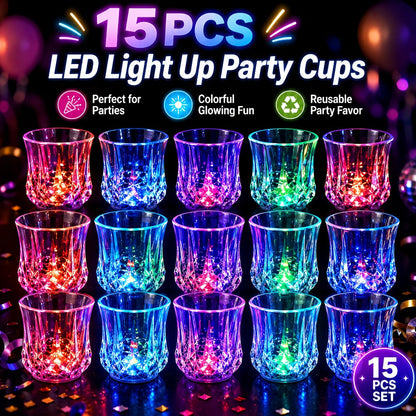 LED Light-Up Party Cup Set with 12 or 15 Short 2 oz Plastic Tumblers in Mixed Color Designs
