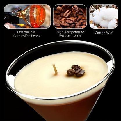 Coffee Martini Candle in Stemmed Glass with Layered Design, Coffee Bean and Glitter Details