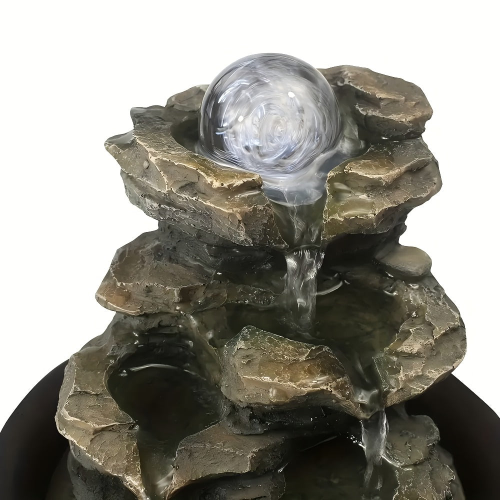 Indoor Tabletop Fountain with LED Light, Rolling Crystal-Look Sphere and 8.3 x 7.9 x 7.9-Inch Stone-Look Waterfall Form