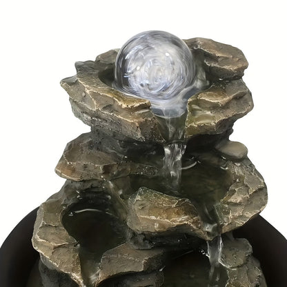 Indoor Tabletop Fountain with LED Light, Rolling Crystal-Look Sphere and 8.3 x 7.9 x 7.9-Inch Stone-Look Waterfall Form