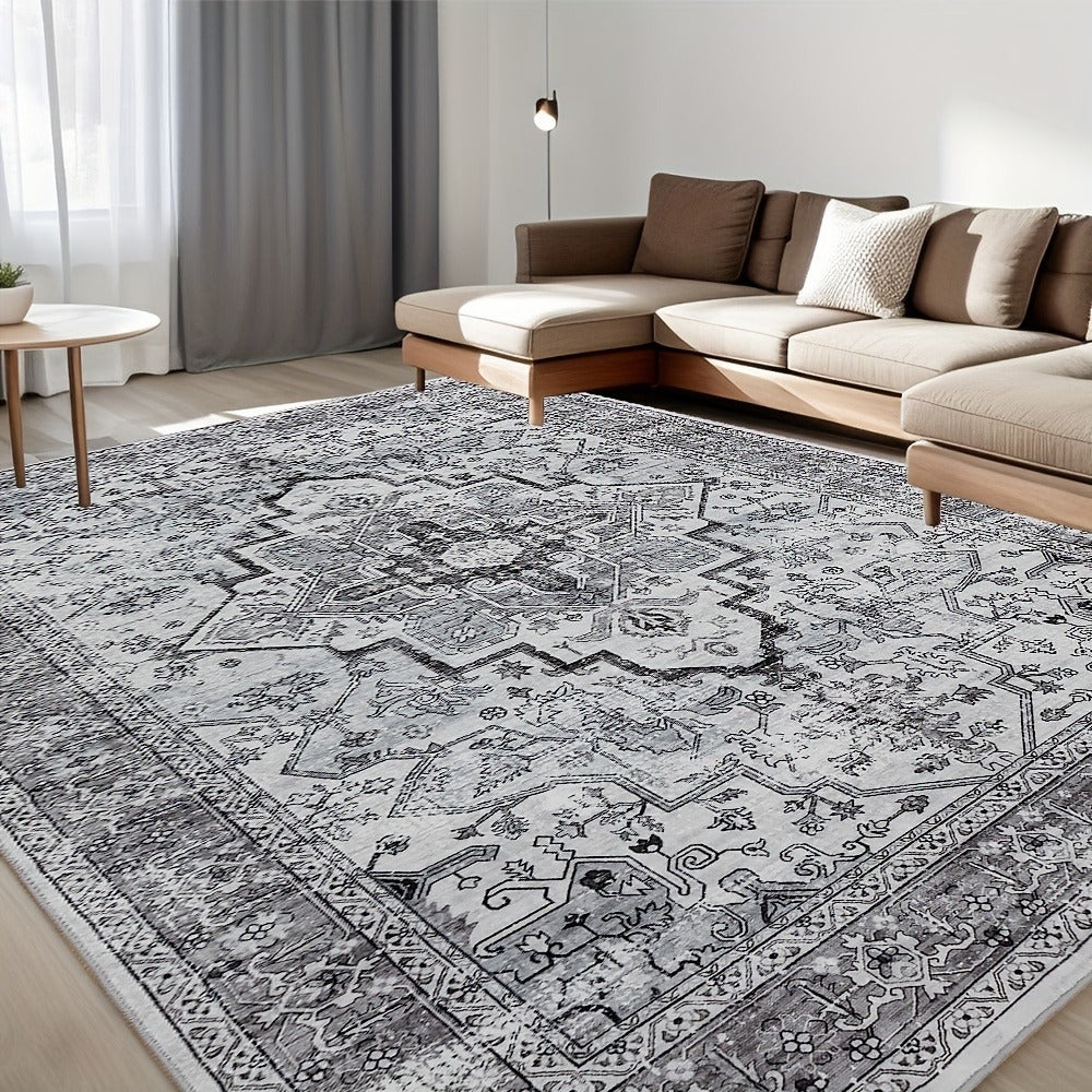Area Rug Bohemian Retro Design in Beige or Grey with Six Foldable Machine-Washable Room Sizes