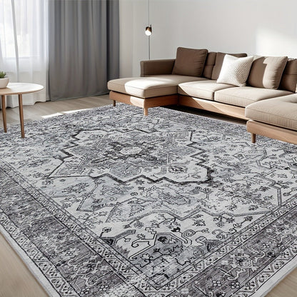 Area Rug Bohemian Retro Design in Beige or Grey with Six Foldable Machine-Washable Room Sizes