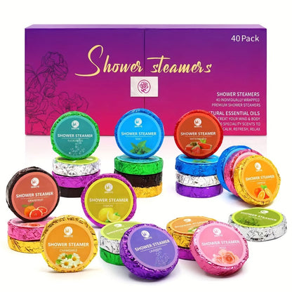 Forty-Piece Shower Steamer Gift Box with Ten Floral, Herbal and Fruit Fragrance Labels for Shower Use