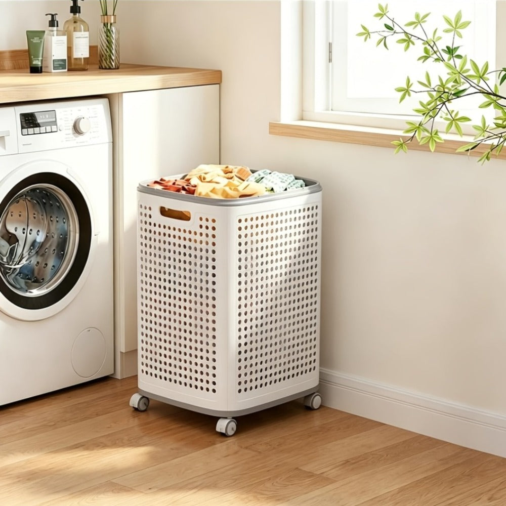 Large Wheeled Laundry Hamper with Foldable Basket, Side Pockets, Lid and Exact Basket-and-Wheels Option