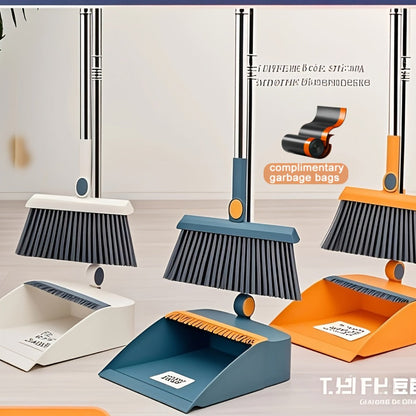 Magnetic Broom and Dustpan Set with Rotating Head, Long Handle and Bag Holder in White or Orange