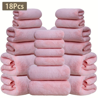 Coral Velvet Bath Towel Set 18pcs – 4 Bath Towels 4 Hand Towels 10 Washcloths Hotel Quality Soft Absorbent