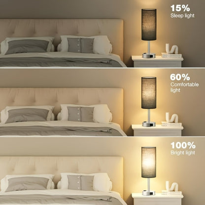 Table Lamp with Burlap Drum Shade, Wood Base, Three-Way Touch Dimming, USB-C Port and AC Outlet