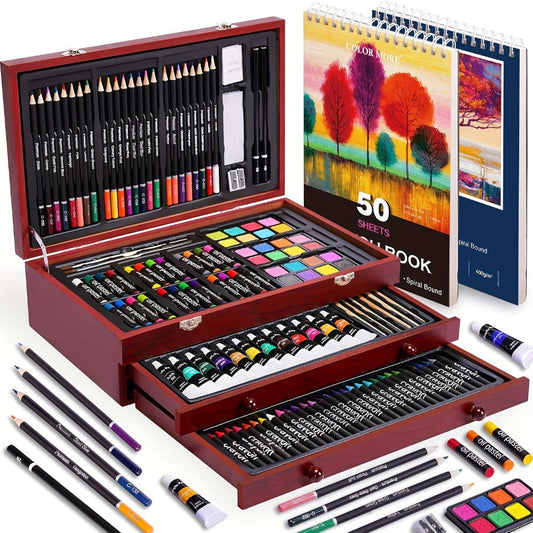 175-Piece Deluxe Art Set in Wooden Case – Drawing Pads Crayons Acrylic Paints Colored Pencils Complete Professional Art Kit Gift for Kids Teens Adults Birthday Christmas