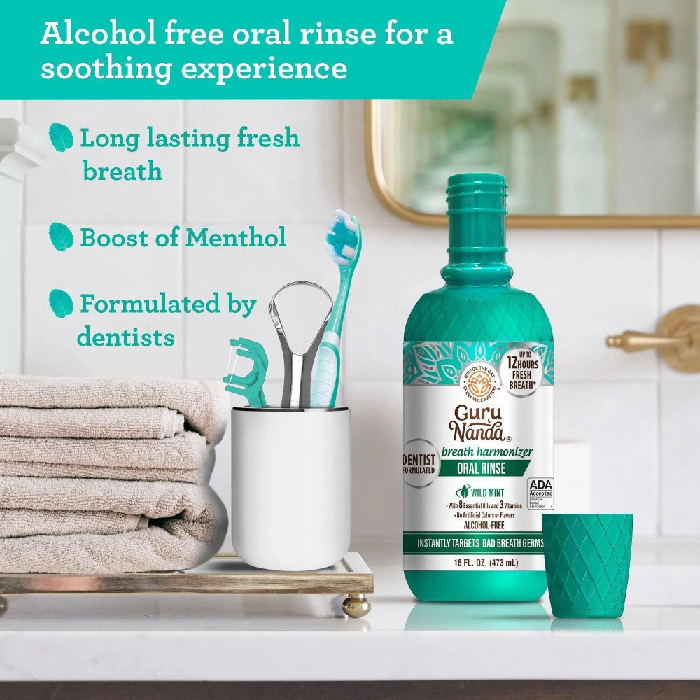 GuruNanda Alcohol Free Mouthwash 2 Pack 16 oz Each Fluoride Free Oral Rinse with 8 Essential Oils Sodium Chlorite Vitamins D3 E K2 ADA Accepted Wild Mint 24 Hour Fresh Breath for Adults