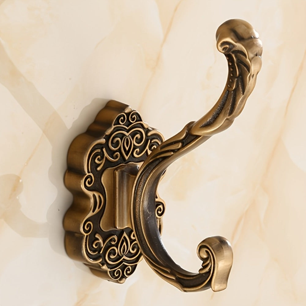 Golden Wall-Mounted Toilet Paper Holder with Embossed Vintage-Style Shelf, Roll Bar and Side Hook