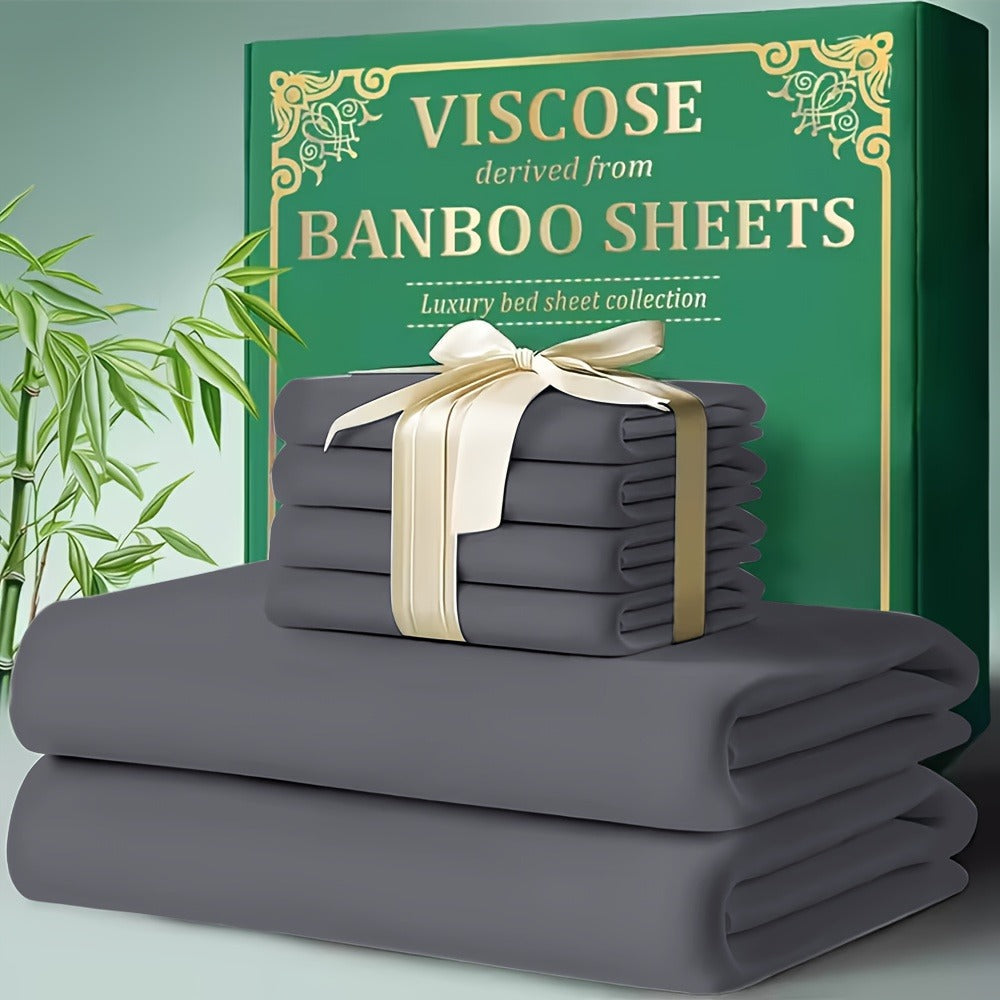 Bed Sheet Set 4-Piece Bamboo-Derived Cooling Fabric with Deep-Pocket Fitted Sheet and Four Bed Sizes