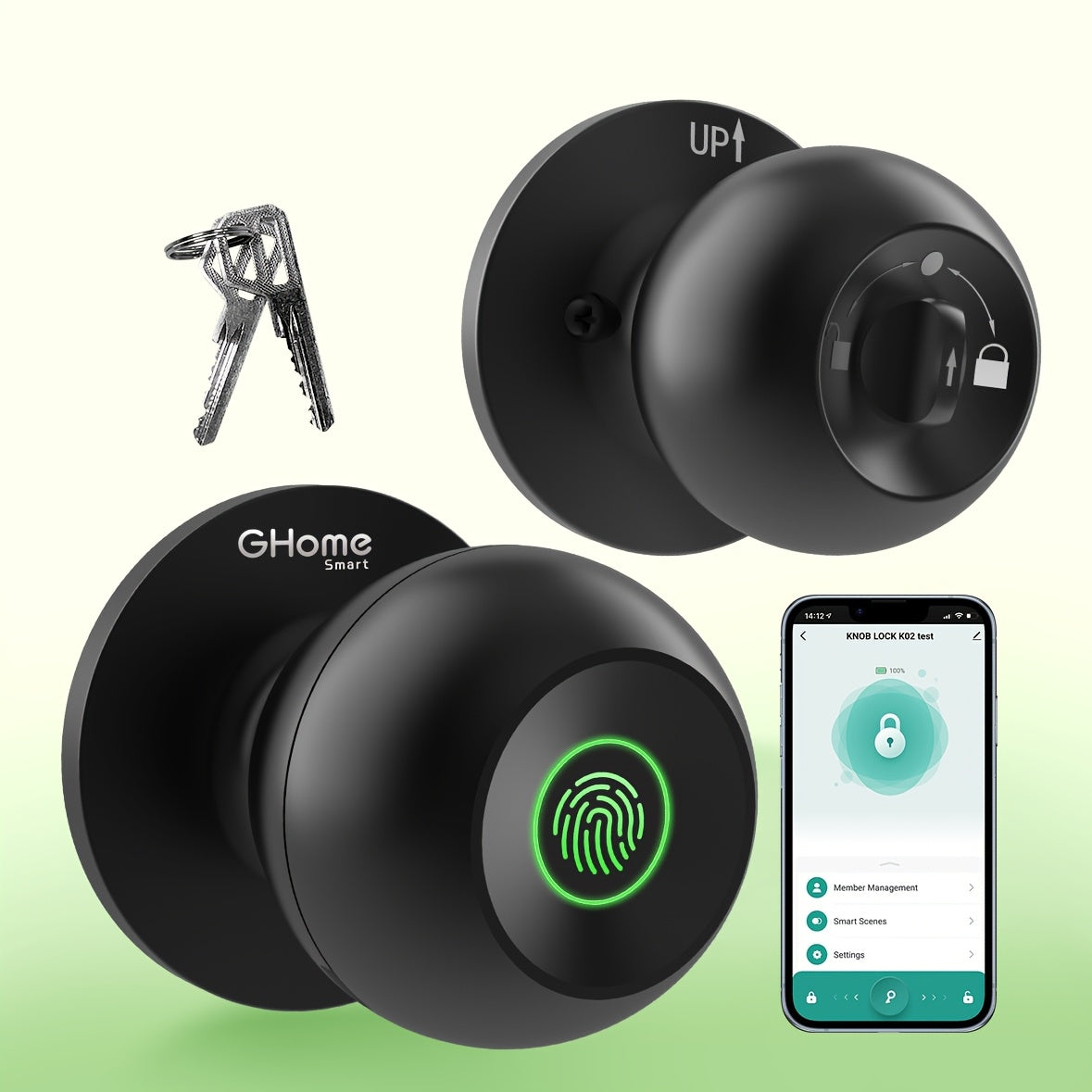 GHome Smart Lock Knob with Fingerprint & Keypad - USB-C Rechargeable, App-Controlled Keyless Entry, Auto-Lock, Passage & Privacy Mode, K10 / K10 PRO / K20 / KD03 PRO, for Home Bedroom Office