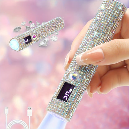 Portable LED Nail Lamp Rhinestone Design USB Rechargeable 365+405nm Quick Dry Gel Curer 20s 60s Timer LCD Display Wireless Nail Dryer for Hands Feet Home Travel Gift Women