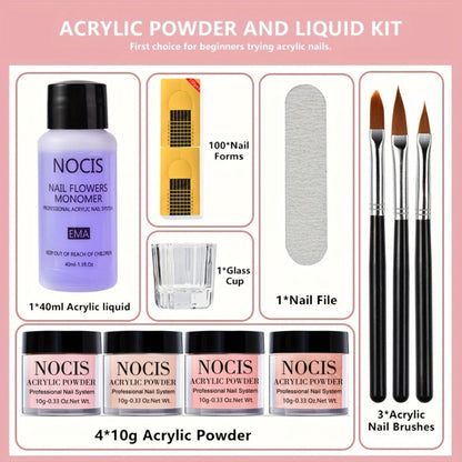 Acrylic Nail Kit NOCIS Four 10g Pink and Warm Neutral Powders with Liquid Monomer, Three Brushes and File