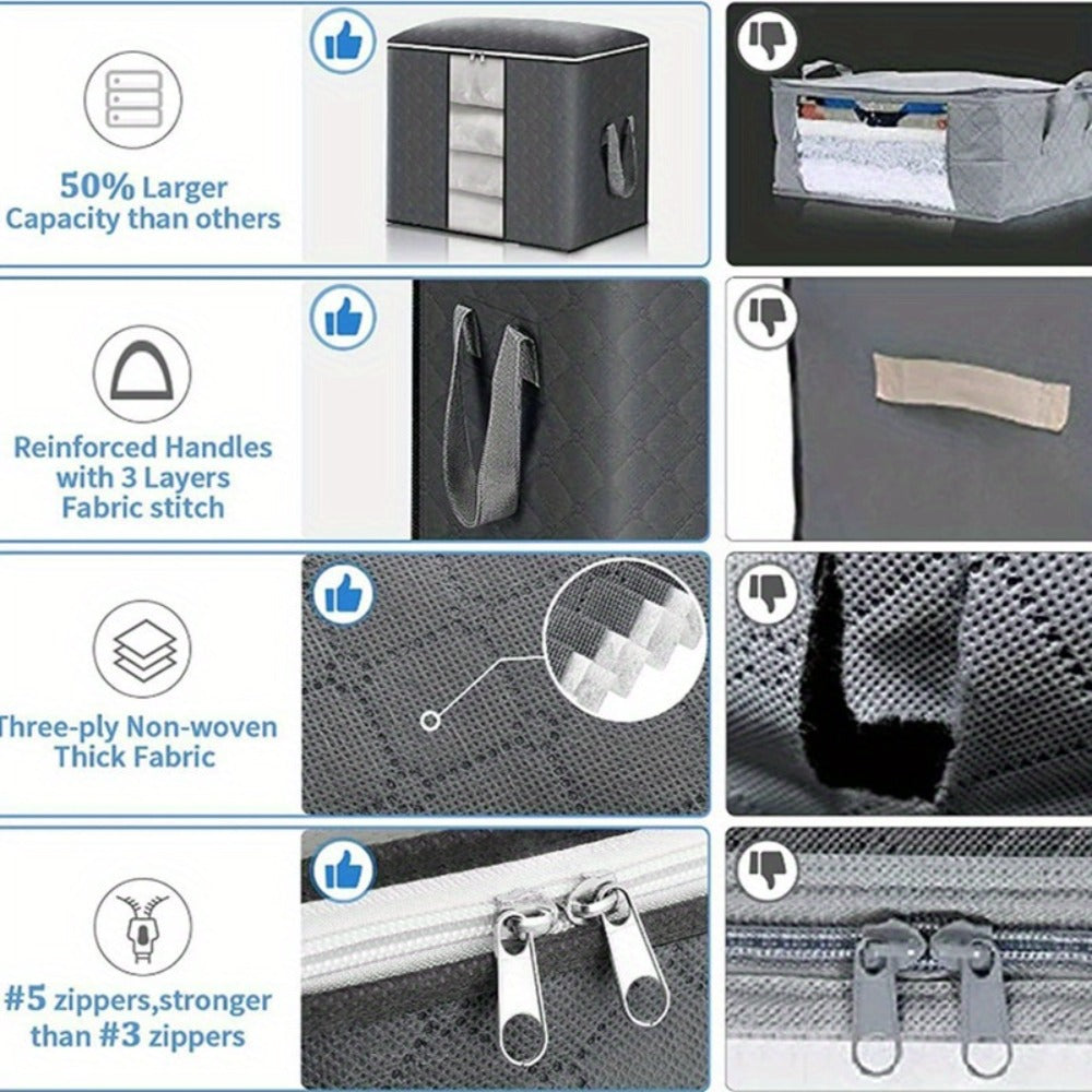 Four-Piece Foldable Storage Bag Set in Black or Gray with Clear Front Panels and Reinforced Side Handles