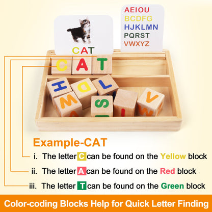 Phonics Word Builder Set with 110 Picture Cards, Ten Letter Blocks and Two-Level Wooden-Look Tray
