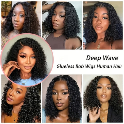 Lace Front Wig Deep-Wave Human Hair Bob, 12-Inch 1B or Natural Black with 4x4 Closure and 22.5-Inch Cap