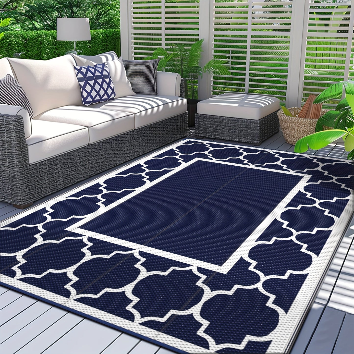 Reversible Outdoor Rug in Multiple Geometric, Border and Leaf Patterns with Displayed Sizes from 5 x 8 to 9 x 12 Feet