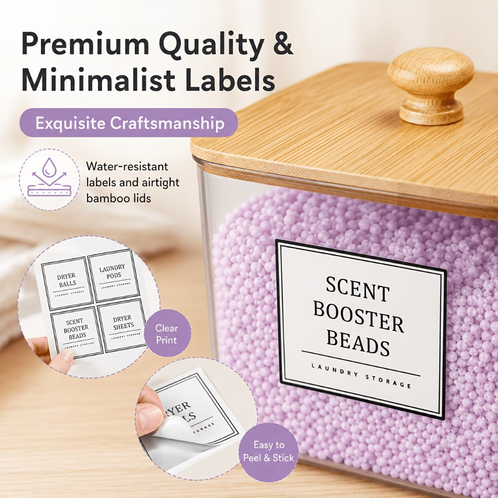 Laundry Pods Container & Dryer Sheet Holder Set with Bamboo Lids, Clear Laundry Room Organization Containers for Scent Booster, Powder, Pods – 3+1 Pack