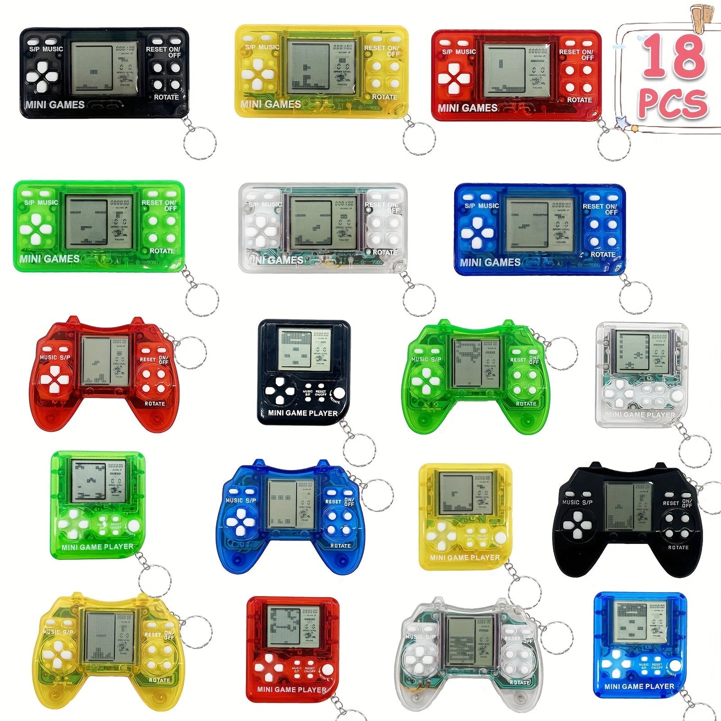 18-Piece Mini Game Keychain Set with Controller and Handheld Shapes in Six Pictured Case Colors