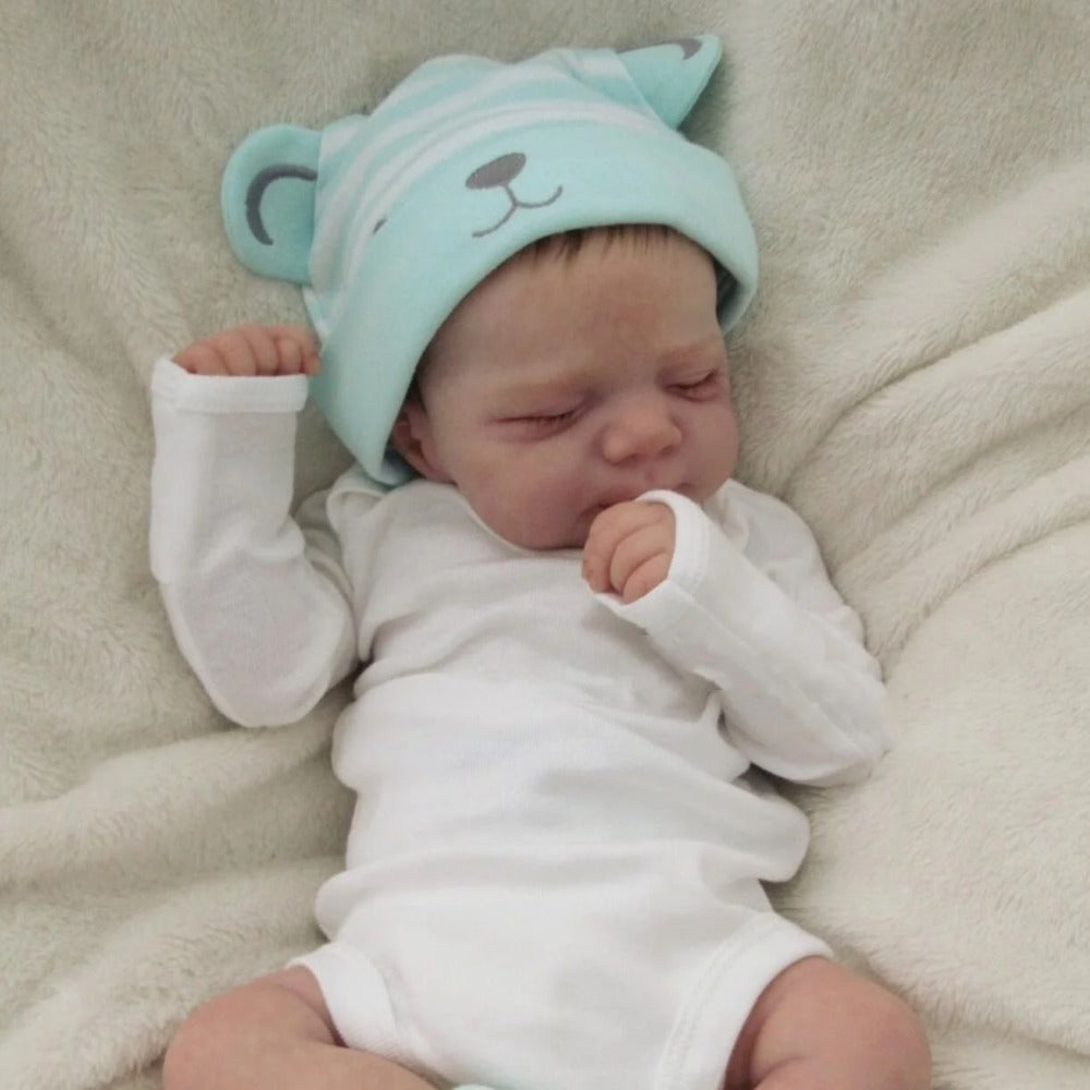 Closed-Eye 19-Inch Baby Doll with Full Vinyl Body, Mint Bear Hat and White Outfit for Pretend Play