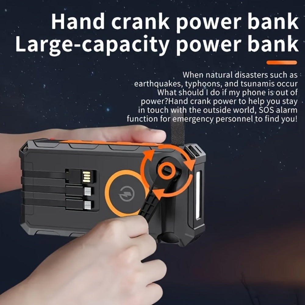 Solar Power Bank, 30000mAh Hand-Crank and Solar Charger with Wireless Pad, Three Built-In Cables and Seven Outputs