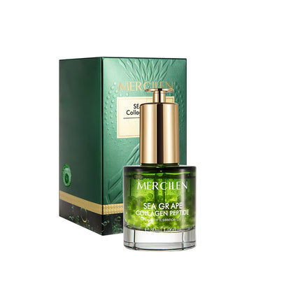Face Serum Mercilen Sea Grape, Collagen Peptide and Squalane Essence Oil in a Green Pump Bottle