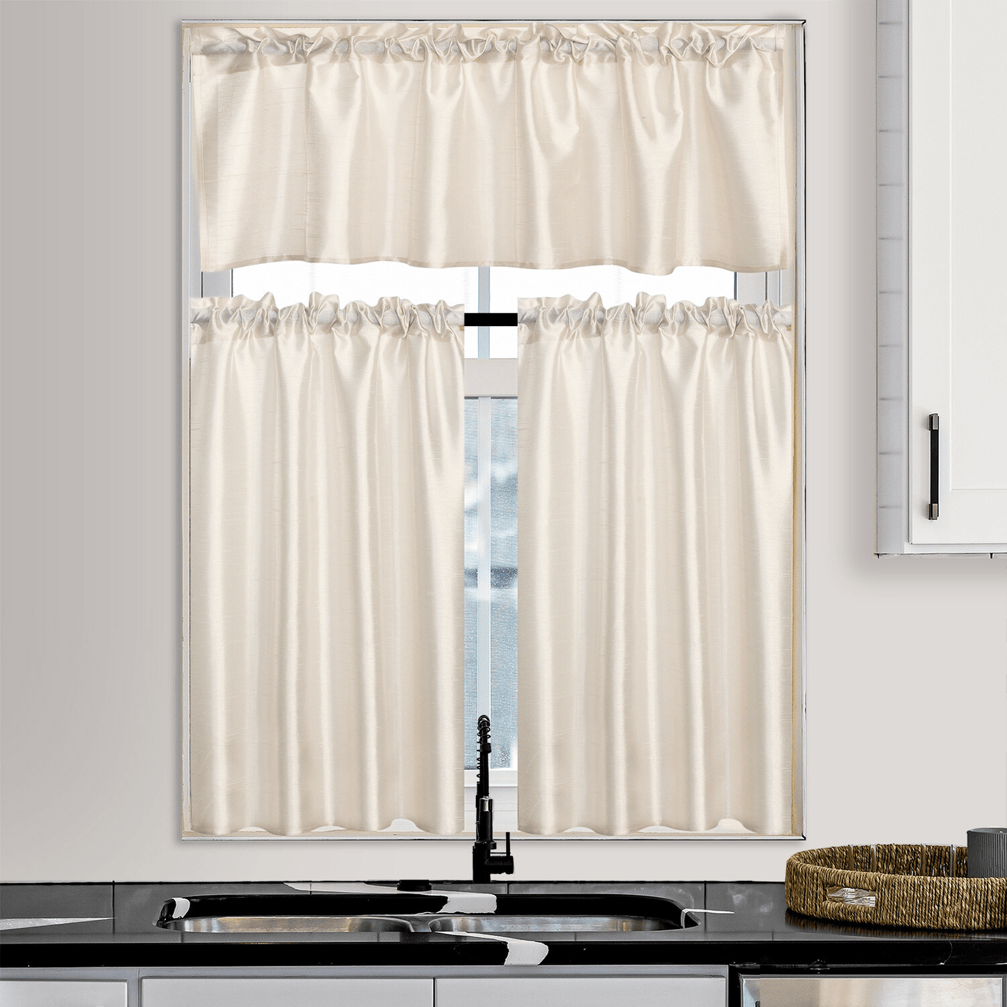 Kitchen Curtains 3 Panels Faux Silk Sheer Tier and Valance Set Rod Pocket 2 Tiers 26x36 inch + Valance 52x14 inch for Kitchen Bathroom Window Drapes