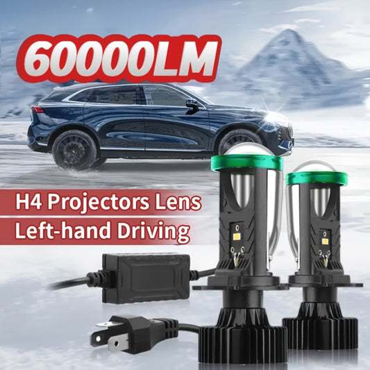 H4 LED Headlight Bulbs 2pcs 60000 Lumens 420W 3570 CSP Chip Projection Lens 6000K White High Low Beam 12-24V Ultra Bright Upgrade for Motor Vehicles Left-Hand Drive