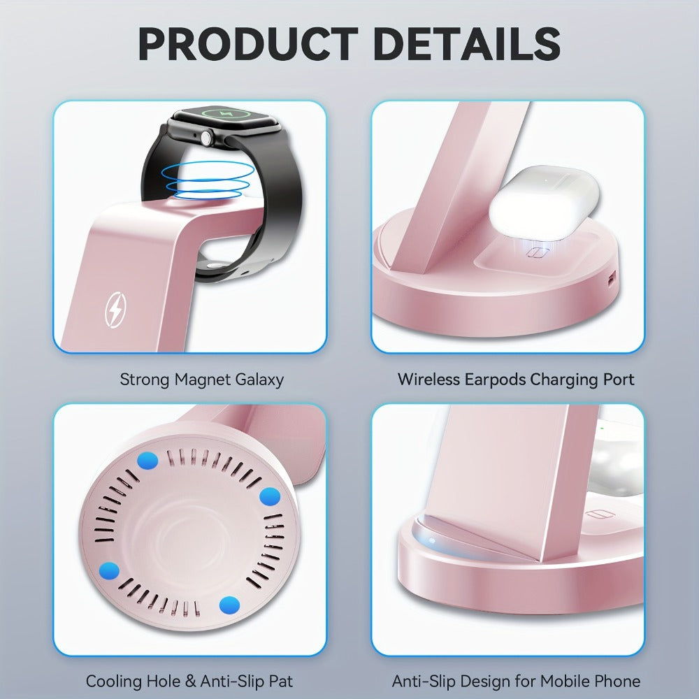 3-in-1 Wireless Charging Dock Multi-Color Fast Charge for iPhone 17 16 15 14 13 12 11 Pro Max, Apple Watch Ultra 2 Series 10 9 8 7 6 SE, AirPods 4 3 2 Pro & Samsung Galaxy – Black Blue Pink U1 U2