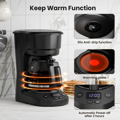 Five-Cup Programmable Drip Coffee Maker with 24-Hour Timer, Glass Carafe and Reusable Filter