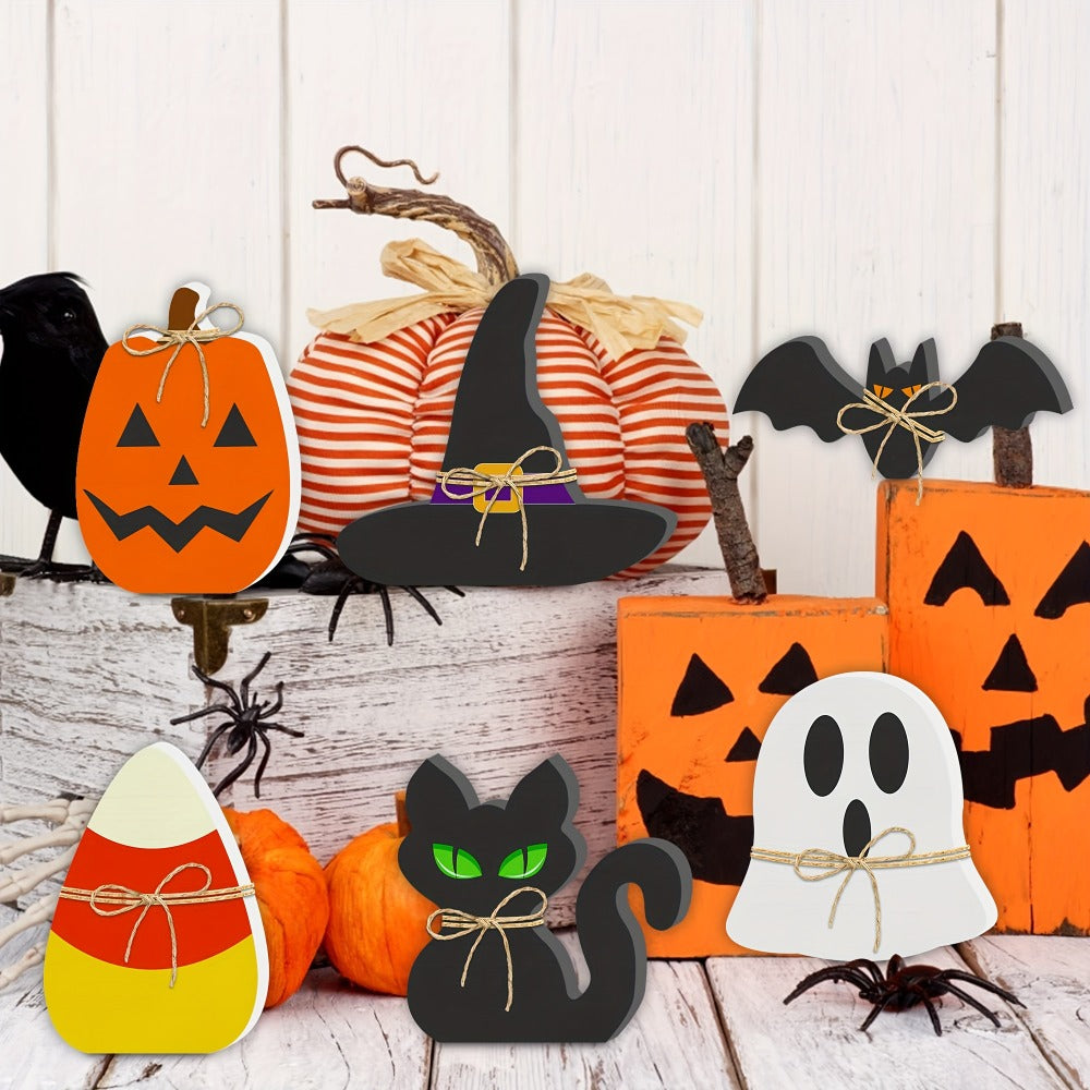 Halloween Wooden Decorations Set of 6 – Freestanding Rustic Table Signs with Pumpkin, Ghost, Bat, Black Cat, Witch Hat & Candy Corn, Farmhouse Tiered Tray & Mantle Decor