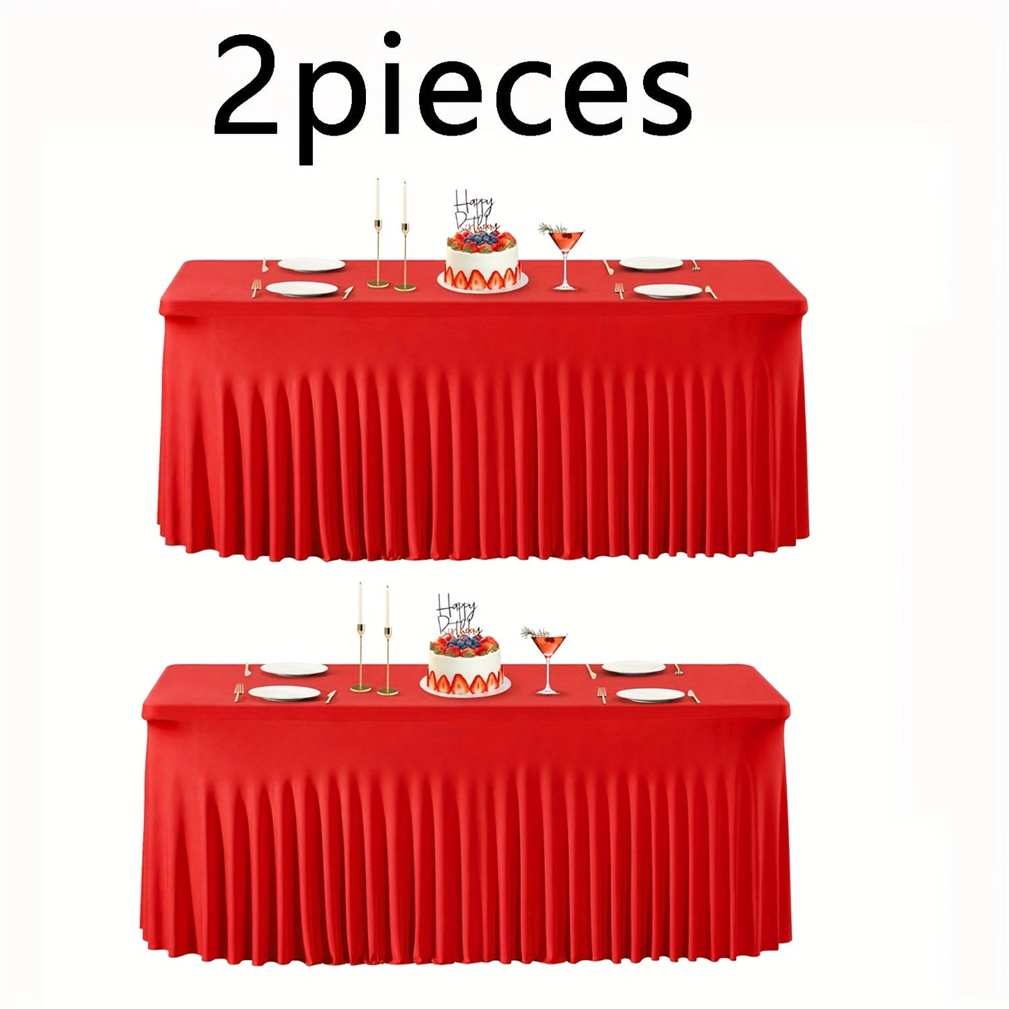 Tablecloth Pleated Skirt Fitted Cover 2-Pack for 6 or 8-Foot Rectangle Tables in Red Polyester Blend