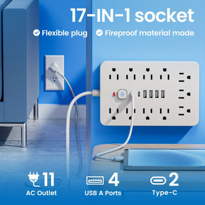 Power Strip 17-in-1 Flat-Plug Surge Protector with 11 AC Outlets, 4 USB-A, 2 USB-C and Spacious Outlet Layout