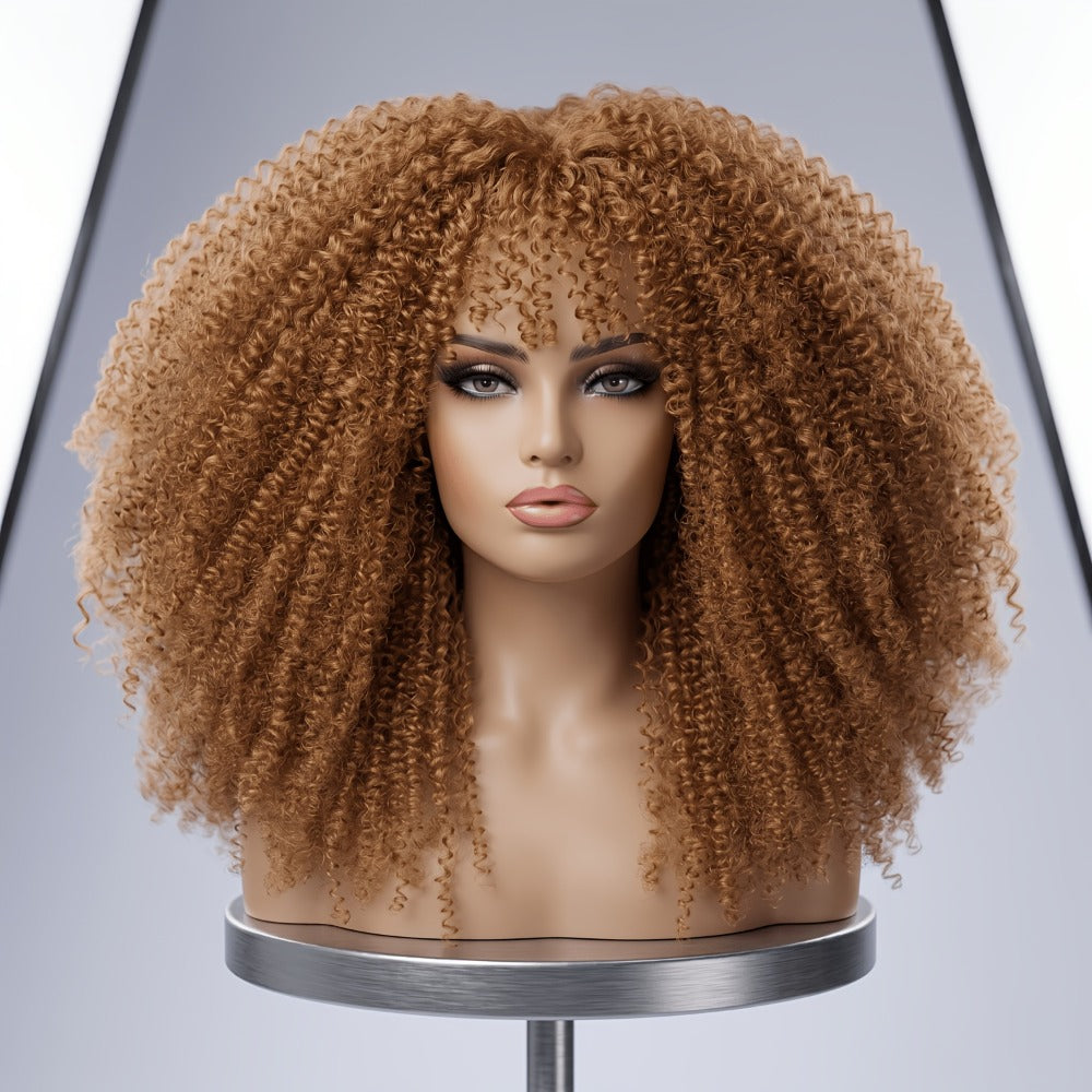 Synthetic Wig 18-Inch Kinky Curly Afro with Full Bangs, Glueless Straps and Combs for Costume Styling