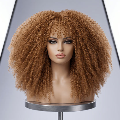 Synthetic Wig 18-Inch Kinky Curly Afro with Full Bangs, Glueless Straps and Combs for Costume Styling