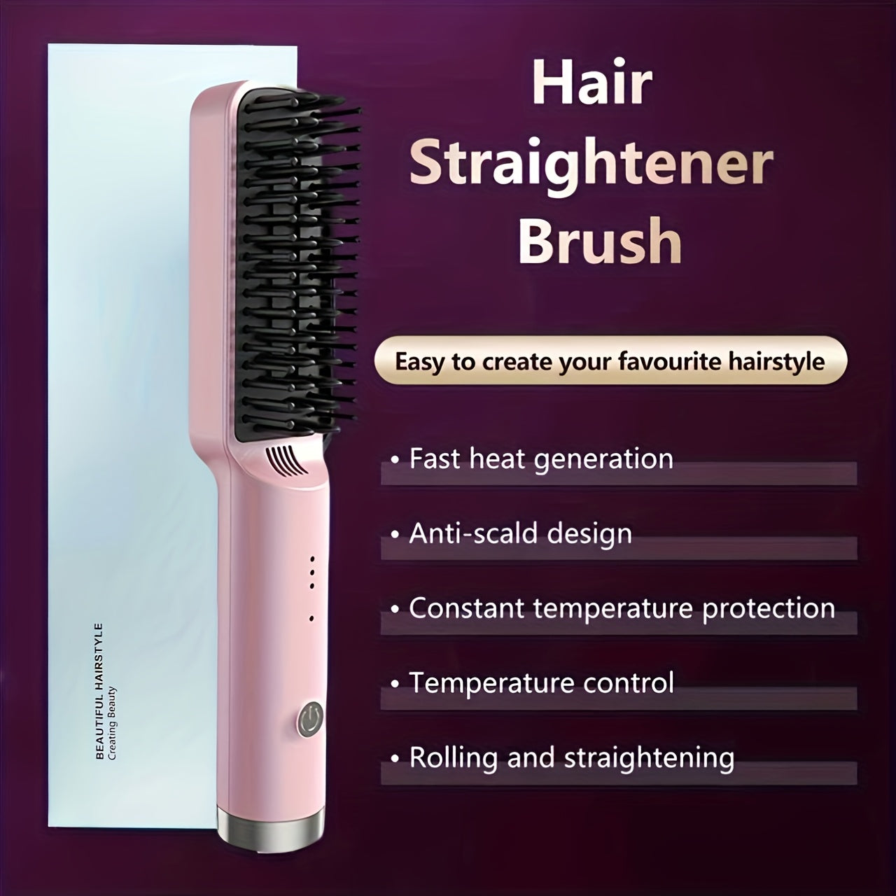 Mini Hair Straightener Comb Ceramic Heating Plate 3 Temperature Settings Fast Heating LED Display Travel Hair Straightening Brush for Women Home Salon Gift