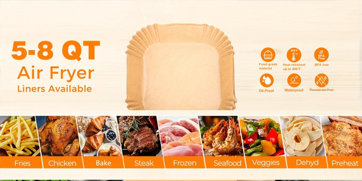 Air Fryer Parchment Paper Liners 250pcs - Non-Stick Disposable Square Liner Sheets for 5-8QT Air Fryer Basket Baking Roasting Microwave Unbleached