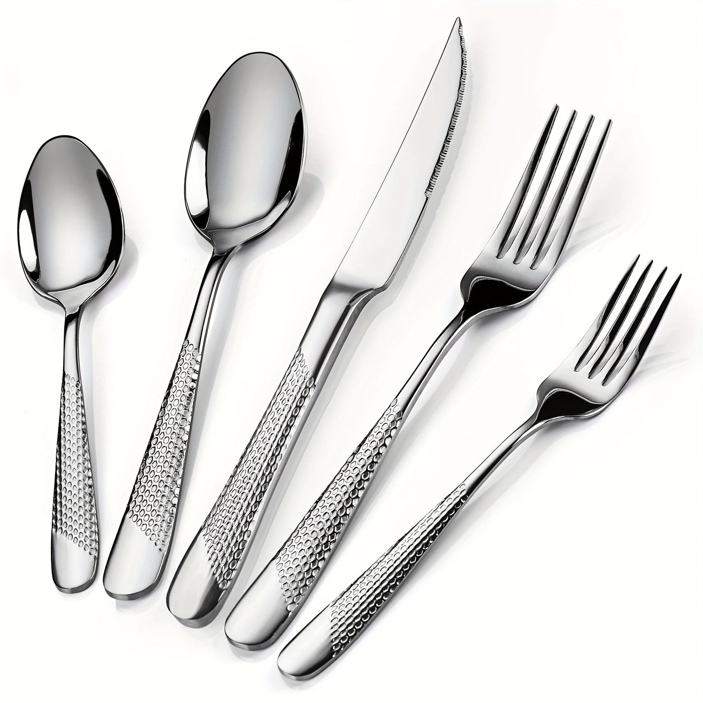 Stainless Steel Flatware Set 40/48 Piece – 304 Silverware Set for 8 Hammered Mirror Polished Rose Gold Cutlery with 2-in-1 Serrated Knife Dishwasher Safe Modern Utensils for Home Restaurant Wedding