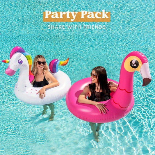 Pool Float Flamingo and Unicorn Ring Two-Pack, Approximately 40 Inches Wide with Pink and White Designs